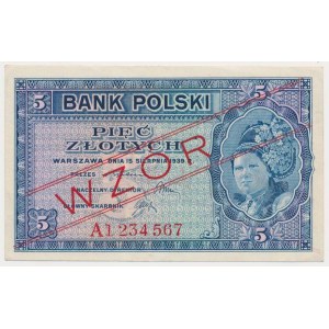 Londyn, 5 złotych 1939 - WZÓR - A 1 234 567