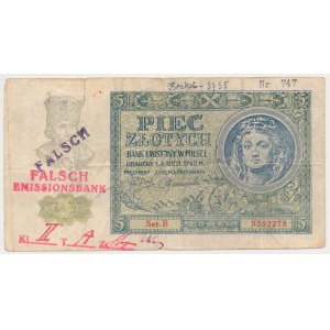 Falsyfikat z epoki 5 złotych 1940 - ze stemplem FALSCH EMISSIONSBANK