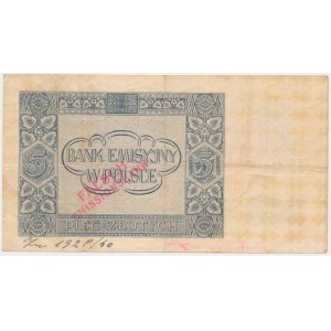 Falsyfikat z epoki 5 złotych 1940 - ze stemplem FALSCH EMISSIONSBANK
