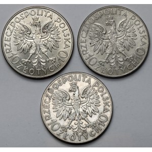 Głowa kobiety, 10 złotych 1932 i 1933 - zestaw (3szt)