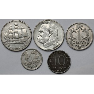 10 fenigów NBO, 1/2 guldena i 1-5 złotych 1917-1937 - zestaw (5szt)