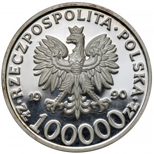 100,000 gold 1990 Solidarity - D variety - LUSTRZANKA (inverted flag)