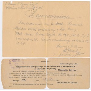 Zawiadomienie o zwolnieniu z wojska Bombardiera Mariana Klucznika 1940 i 1945 (2szt)
