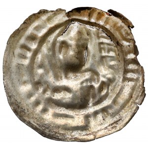 Mieszko III Stary (1173-1202), Brakteat hebrajski - Książę w hełmie z mieczem i proporcem
