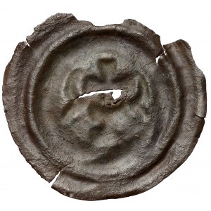 Brakteat (XIII-XIV w.) - Kielich z krzyżem, po bokach łuki