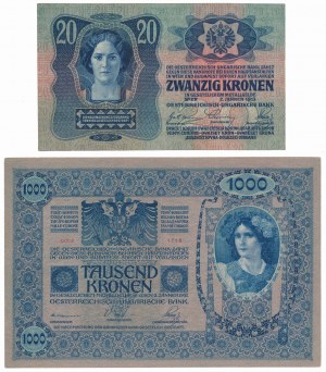 Austria, 1.000 corone 1902 e 20 corone 1913 (2 pz.)