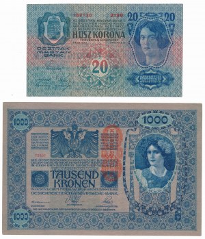 Autriche, 1.000 couronnes 1902 et 20 couronnes 1913 (2pc)