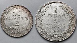 30 copechi = 2 zloty 1836 e 3/4 rubli = 5 zloty 1840 MW, Varsavia - set (2 pezzi)