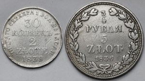 30 kopiejek = 2 złote 1839 i 3/4 rubla = 5 złotych 1836 MW, Warszawa - zestaw (2szt)
