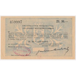 Świadectwo Kontrybucji 30 złotych 1944 - polska pieczątka