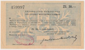 Certificat de contribution 30 zloty 1944 - timbre polonais