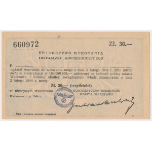 Świadectwo Kontrybucji 30 złotych 1944 - niemiecka pieczątka
