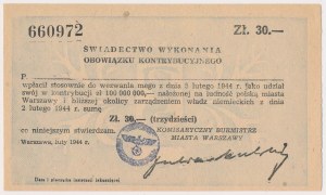 Certificat de contribution 30 zloty 1944 - timbre allemand