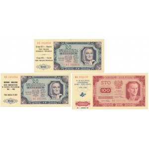 Zestaw 20 i 100 złotych 1948 - z nadrukami okolicznościowymi (3szt)