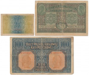 Set di 1/2 e 50 mkp 1916 generale e 100 mkp 1916 generale (3 pezzi)