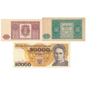 Zestaw 1 i 2 zł 1946 i 20.000 zł 1989 (3szt)