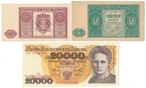 Set of 1 and 2 PLN 1946 and 20,000 PLN 1989 (3pcs)