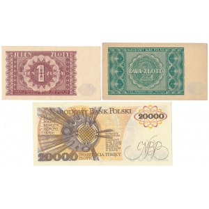 Zestaw 1 i 2 zł 1946 i 20.000 zł 1989 (3szt)