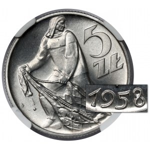 5 złotych 1958 Rybak - wąska ósemka - PIĘKNY