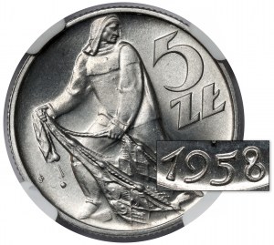 5 złotych 1958 Rybak - wąska ósemka - PIĘKNY