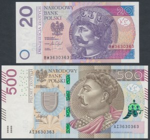 20PLN 2016 and 500PLN 2017 - PARK from No. 3630363 - THE SAME NUMBER - radar (2pcs)