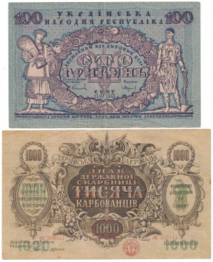 Ukraina, 100 Hrywien 1918 i 1.000 Karbowańców (1918) - zestaw (2szt)
