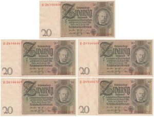 Allemagne, 20 Reichsmark 1929 - numéros consécutifs (5pc)