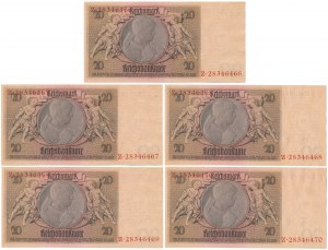 Německo, 20 říšských marek 1929 - pořadová čísla (5ks)