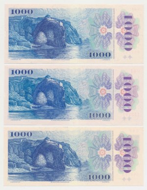 Tschechoslowakei, 3x 1.000 Kronen 1985-1993 - mit Briefmarke (3Stück)