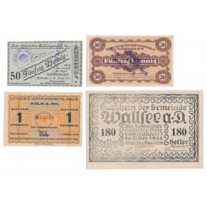 Zestaw banknotów obozowych i Austria, 150 Heller 1920 (4szt)