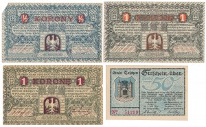 Zestaw Cieszyn, 50 halerzy 1919 i Kraków, 1/2 i 1 korona (1919) (4szt)