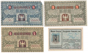 Sada Cieszyn, 50 haléřů 1919 a Krakov, 1/2 a 1 koruna (1919) (4ks)