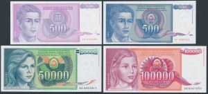 Jugoslávie, 500, 50 000 a 100 000 dinárů 1988-1992 (4ks)