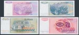Jugoslávie, 500, 50 000 a 100 000 dinárů 1988-1992 (4ks)