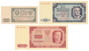Zestaw 2, 20 i 100 zł 1948 (3szt)