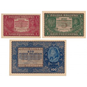 Zestaw 1, 5 i 100 mkp 1919 (3szt)