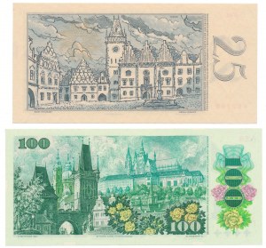 Tschechoslowakei, 25 Kronen 1958 und 100 Kronen 1989 (2 Stck.)