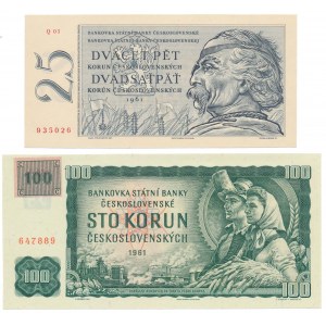 Czechoslovakia, 25 Korun 1961 & 100 Korun (1993) - with stamp (2pcs)