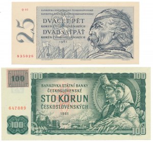 Československo, 25 korun 1961 a 100 korun (1993) - s razítkem (2ks)