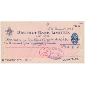 Wielka Brytania, District Bank Limited, Clitheroe - czek 1956