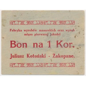 Zakopane, J. Kotoński Fabryka wyrobów masarskich, 1 korona (1919)