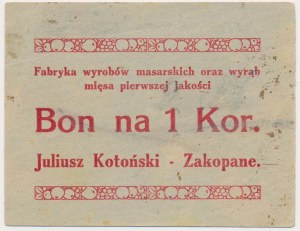 Zakopane, J. Kotoński Butcher Factory, 1 crown (1919)