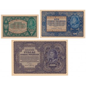 Zestaw 10, 100 i 1.000 mkp 1919 (3szt)