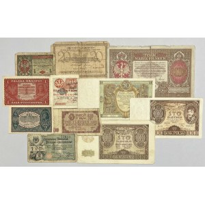 Zestaw banknotów polskich 1916-1946 + notgeld Częstochowa 1 rubel 1914 (11szt)