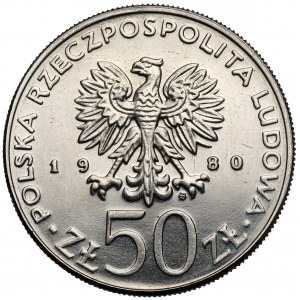 Próba NIKIEL 50 złotych 1980 Chrobry - napis nad