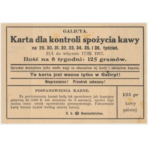 Galicya, Karta dla kontroli spożycia kawy, okres 21/1 - 17/III 1917