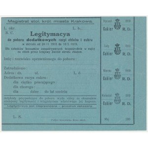 Kraków, Legitymacya do poboru dodatkowych racyi i cukru, okres 24/11 1918 - 10/5 1919