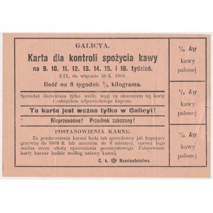 Galicya, Karta dla kontroli spożycia kawy, okres 3/IX - 28X 1916