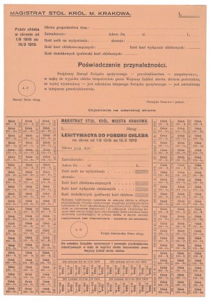 Kraków, Legitymacya do poboru chleba, Zeitraum 1/9 1918 do 15/3 1919 + Bescheinigung über die Zugehörigkeit