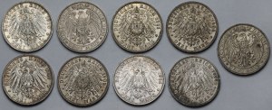 Nemecko, 3 marky 1908-1914 - sada (9ks)